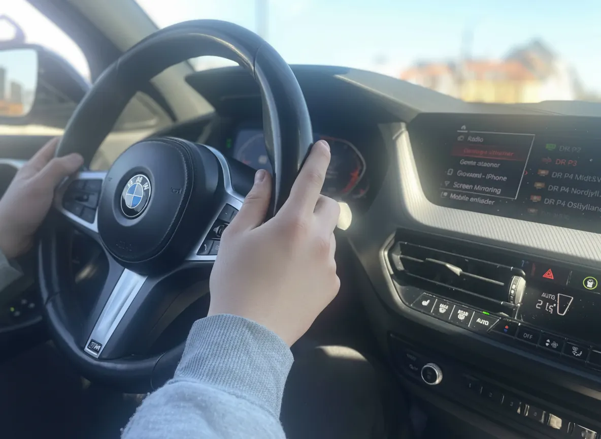 Elev med hænderne på rattet i Andinas Køreskoles BMW 118d