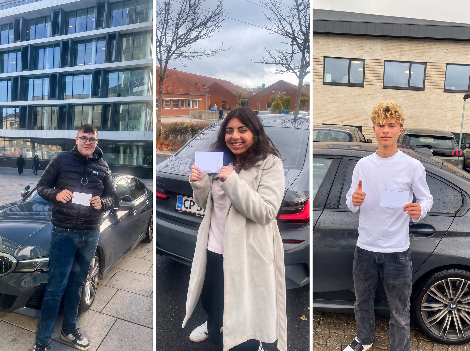 Tre glade elever fra Andinas Køreskole i Aarhus med beståelsesbevis foran skolevognen